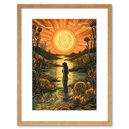 "Artery8 Wall Art Print Woman Bathing in Creek at Sunset Modern Linocut Artwork Framed 9X7 Inch in Beige - Size: W7"" x H9""" - thumbnail 1
