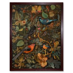 "Artery8 Wall Art Print Birds & Butterflies on Autumnal Tree Folk Art Framed in Brown - Size: W12"" x H16""" - thumbnail 1