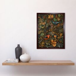 "Artery8 Wall Art Print Birds & Butterflies on Autumnal Tree Folk Art Framed in Brown - Size: W12"" x H16""" - thumbnail 2