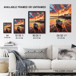 "Artery8 Fishing Boat Atmospheric Clouds Sunset Saltburn Wall Art Print in Orange - Size: W24"" x H32""" - thumbnail 3