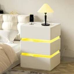 EONLION LED Nightstand Bedside Table with 3 Drawers & Charging Station in White - thumbnail 1