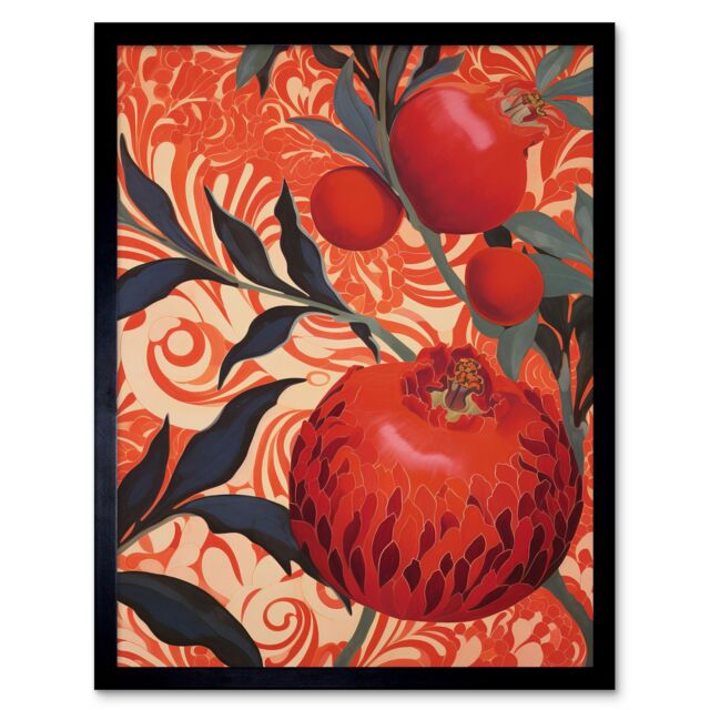 "Artery8 Wall Art Print Pomegranate Tree Grove Red & Blue Artwork Floral Patterns Art Framed in Black - Size: W12"" x H16""" - image 1