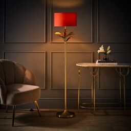 ValueLights Christina Fabric Drum Shade Gold Palm Leaf Detail Stem Floor Lamp with LED Bulb in Burnt Orange - thumbnail 3