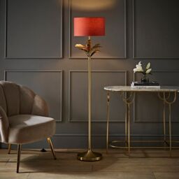 ValueLights Christina Fabric Drum Shade Gold Palm Leaf Floor Lamp with LED Bulb in Burnt Orange