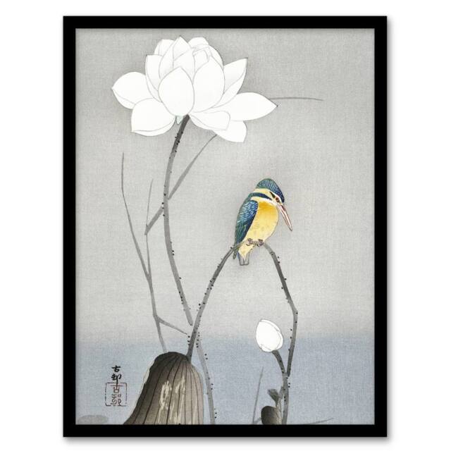 Artery8 Kingfisher With Lotus Flower Vintage Japan Framed Wall Art Print Koson in Grey - Size: A4 - image 1