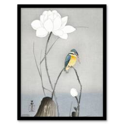 Artery8 Kingfisher With Lotus Flower Vintage Japan Framed Wall Art Print Koson in Grey - Size: A4 - thumbnail 1