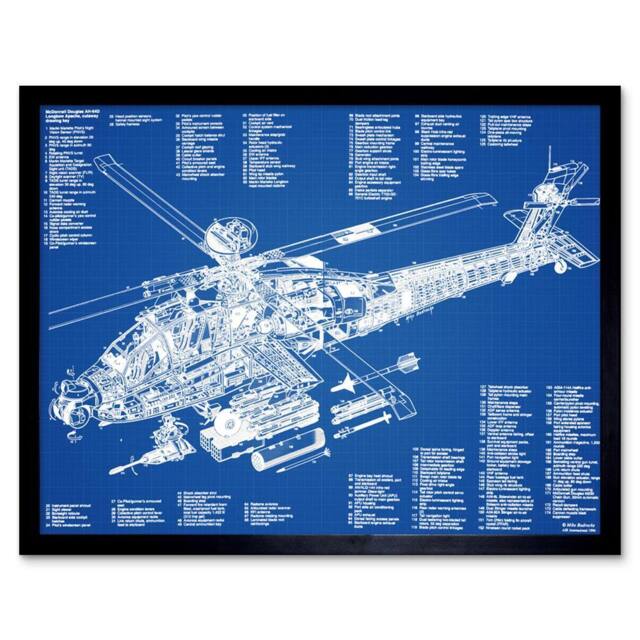 "Artery8 AH-64D Apache Attack Helicopter Military Patent Plan Framed Art Print in Blue - Size: W12"" x H16""" - image 1
