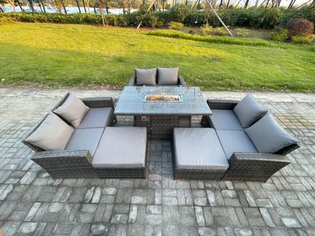 Fimous Rattan Garden Furniture Set Outdoor Lounge Sofa Chair Gas Fire Pit Dining Table Set With 2 Big Footstool Double Seat Sofa Armchiar in Dark Grey - image 1