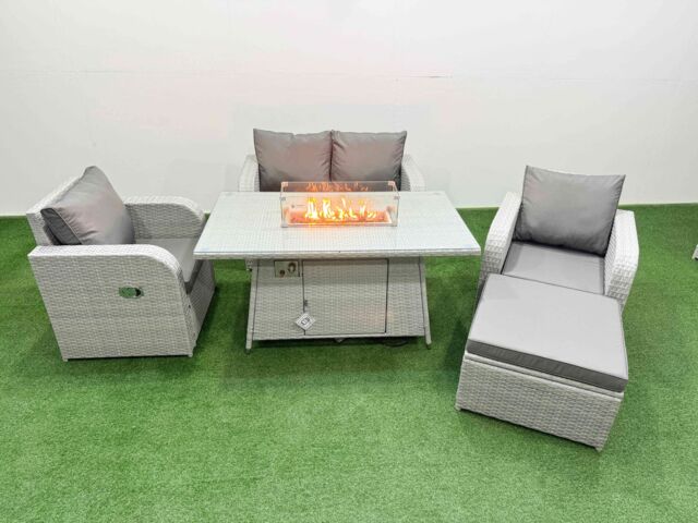 Fimous Light Grey PE Wicker Rattan Garden Furniture Set Sofa Set Reclining Chair Firepit Dining Table 5 Seater With Footstool - image 1