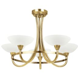 Loops Semi Flush Ceiling Light Antique Brass & White 5 Bulb Hanging Pendant Lamp Shade