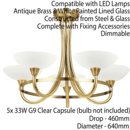 Loops Semi Flush Ceiling Light Antique Brass & White 5 Bulb Hanging Pendant Lamp Shade - thumbnail 2
