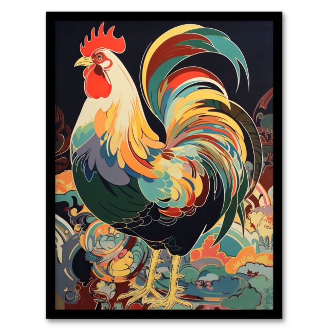 "Artery8 Cockerel Cock Rooster Modern Flamboyant Colourful Painting Art Print Framed Poster Wall Decor 12x16 inch in Black - Size: W12"" x H16""" - image 1