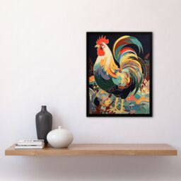 "Artery8 Cockerel Cock Rooster Modern Flamboyant Colourful Painting Art Print Framed Poster Wall Decor 12x16 inch in Black - Size: W12"" x H16""" - thumbnail 4
