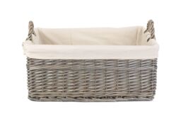 Red Hamper Wicker Shallow Lined Antique Wash Storage Basket in White - Size: Medium - thumbnail 2