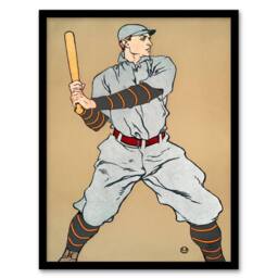 Artery8 Edward Penfield Framed Wall Art Print Vintage Baseball Player Drawing in Beige - Size: A4 - thumbnail 1