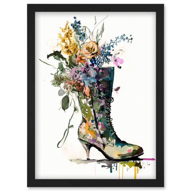 Artery8 Spring Flower Bouquet in High Heeled Combat Boot Artwork Framed Wall Art Print A4 in Black - image 1