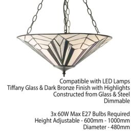 Loops Tiffany Glass Hanging Ceiling Pendant Light Dark Bronze 3 Lamp Shade i00075 in Clear - thumbnail 2