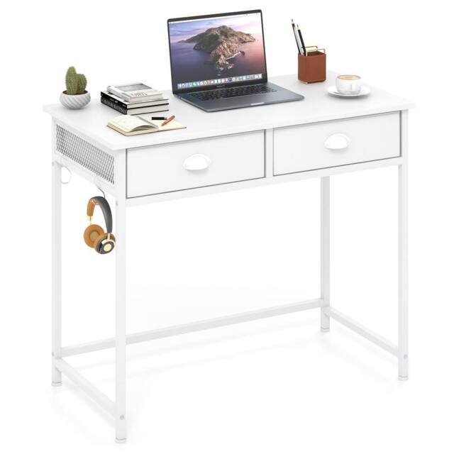 Costway Computer Desk Space Saving Home Office Desk w/2 Fabric Drawers-White in White - image 1