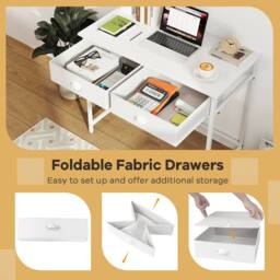 Costway Computer Desk Space Saving Home Office Desk w/2 Fabric Drawers-White in White - thumbnail 4