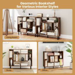 Costway Modern Geometric Bookcase Wooden Open Bookshelf Display Shelves in Brown - thumbnail 9