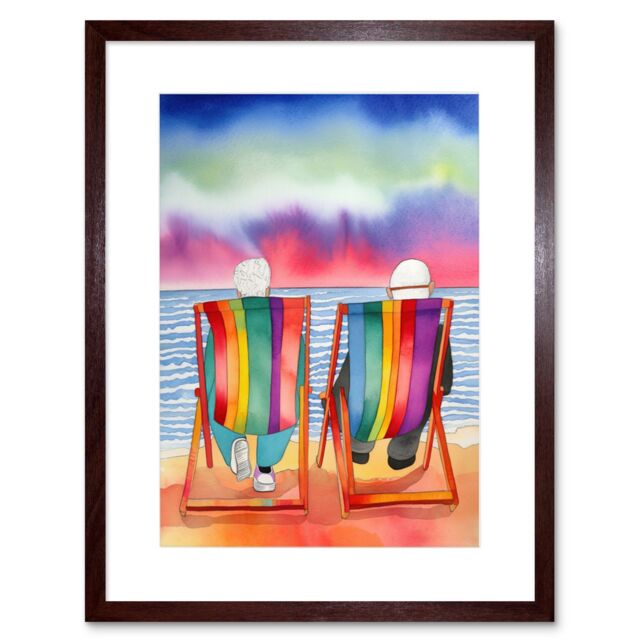 "Artery8 Wall Art Print Elderly Couple Sitting At The Beach Looking At The Sunset Sky Watercolour Artwork Framed 9X7 Inch in Brown - Size: W7"" x H9""" - image 1