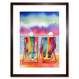 "Artery8 Wall Art Print Elderly Couple Sitting At The Beach Looking At The Sunset Sky Watercolour Artwork Framed 9X7 Inch in Brown - Size: W7"" x H9""" - thumbnail 1