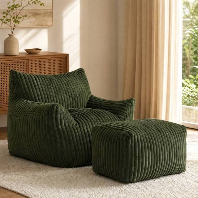STILVORA Bean Bag Chair with Footrest, Corduroy, Green - image 1