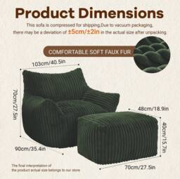 STILVORA Bean Bag Chair with Footrest, Corduroy, Green - thumbnail 3