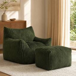 STILVORA Bean Bag Chair with Footrest, Corduroy, Green