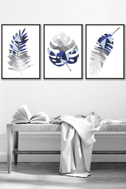 ARTZE Geometric Tropical Leaves In Navy Blue Grey Framed Wall Art - Medium in Black - Size: W45 cm x H62 cm x D20mm - image 1