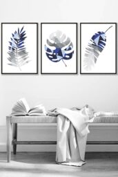 ARTZE Geometric Tropical Leaves In Navy Blue Grey Framed Wall Art - Medium in Black - Size: W45 cm x H62 cm x D20mm - thumbnail 1