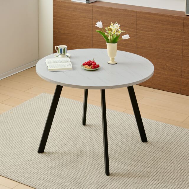 SONARA 100cm Round Dining Table with Wooden Table Top & Flat Tube Metal Legs in White - image 1