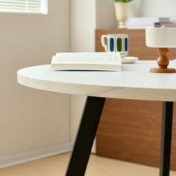 SONARA 100cm Round Dining Table with Wooden Table Top & Flat Tube Metal Legs in White - thumbnail 8