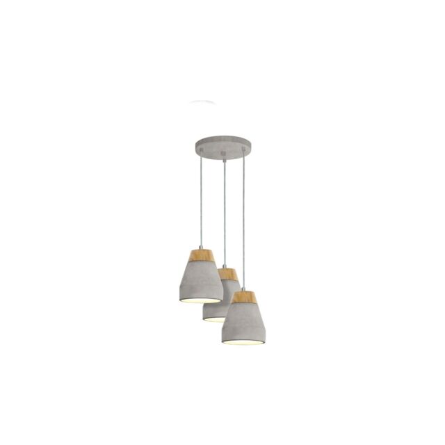 Loops Pendant 3 Bulb Ceiling Light Shade Brown Wood Grey Concrete Bulb E27 3x60W - image 1