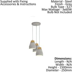 Loops Pendant 3 Bulb Ceiling Light Shade Brown Wood Grey Concrete Bulb E27 3x60W - thumbnail 2