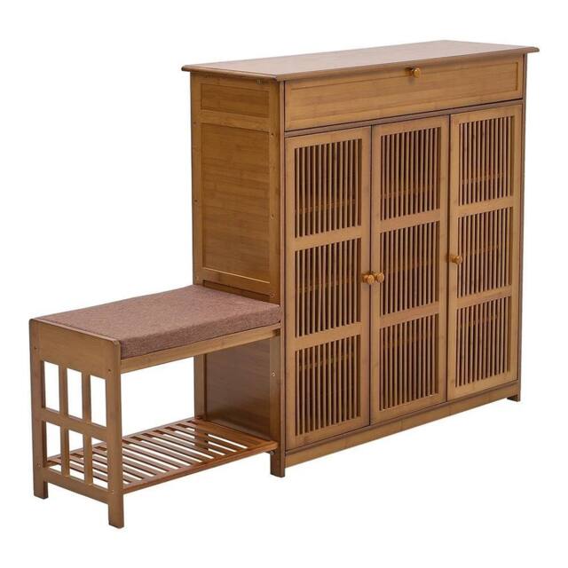FORGEVIO Bamboo Shoe Cabinet Bench Doors Shoe Rack Entryway Hallway Closet in Brown - image 1