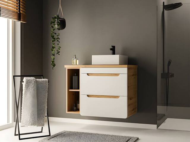 Vente-unique Wall-Hung Bathroom Unit With Single Basin & Open Shelves - Natural in Light Oak - image 1