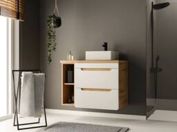 Vente-unique Wall-Hung Bathroom Unit With Single Basin & Open Shelves - Natural in Light Oak - thumbnail 3