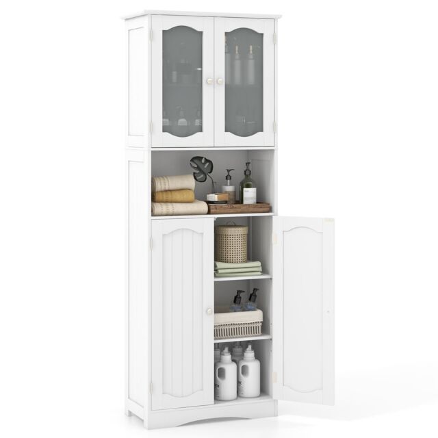 Gymax Tall Bathroom Storage Cabinet Tempered Glass Door Pantry Cabinet in White - image 1