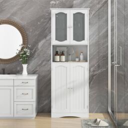 Gymax Tall Bathroom Storage Cabinet Tempered Glass Door Pantry Cabinet in White - thumbnail 3