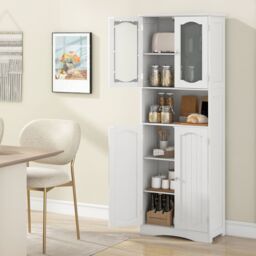 Gymax Tall Bathroom Storage Cabinet Tempered Glass Door Pantry Cabinet in White - thumbnail 5