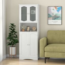 Gymax Tall Bathroom Storage Cabinet Tempered Glass Door Pantry Cabinet in White - thumbnail 2