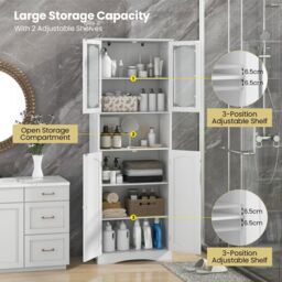 Gymax Tall Bathroom Storage Cabinet Tempered Glass Door Pantry Cabinet in White - thumbnail 9