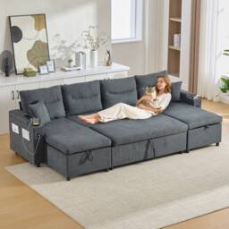 BTM 4 Seater Corduroy Sleeper Sofa Storage USB Cup Holders Charcoal Grey