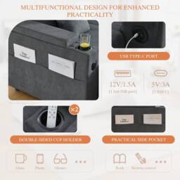 BTM 4 Seater Corduroy Sleeper Sofa Storage USB Cup Holders Charcoal Grey - thumbnail 9