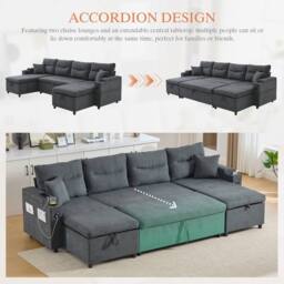 BTM 4 Seater Corduroy Sleeper Sofa Storage USB Cup Holders Charcoal Grey - thumbnail 6