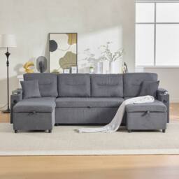 BTM 4 Seater Corduroy Sleeper Sofa Storage USB Cup Holders Charcoal Grey - thumbnail 4