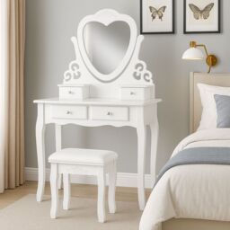 KOSY KOALA Women's Dressing Table With Mirror Stool Vanity Dresser Bedroom White Love Heart Furniture