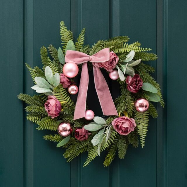 Scottish Everlastings Ltd 50cm Dusky Rose Wreath with Pink Velvet Bow in Dusty Pink - image 1