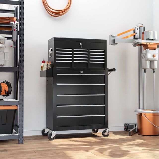 HOMCOM Rolling Tool Cabinet on Wheels with 14 Drawers, Pegboard & Side Rack, Lockable Top Tool Chest & Roller Cabinet Combo for Workshop & Hom - image 1